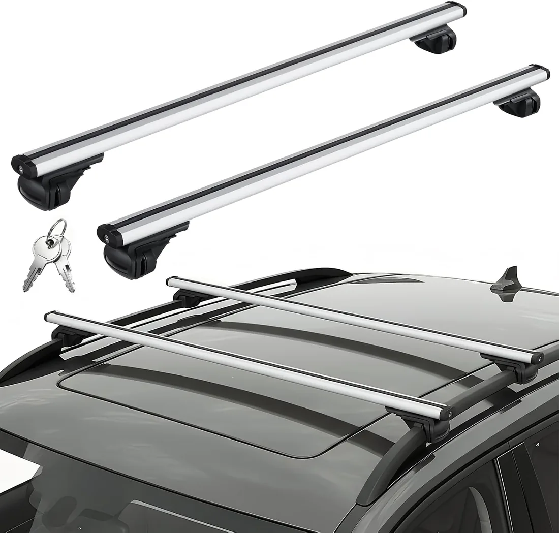 47,2" Barras Transversales Ajustables, Capacidad Carga 100kg, Baca Coche Universal Aluminio con Dispositivos Antirrobo, Portaequipajes para SUV con Rieles Laterales Elevados