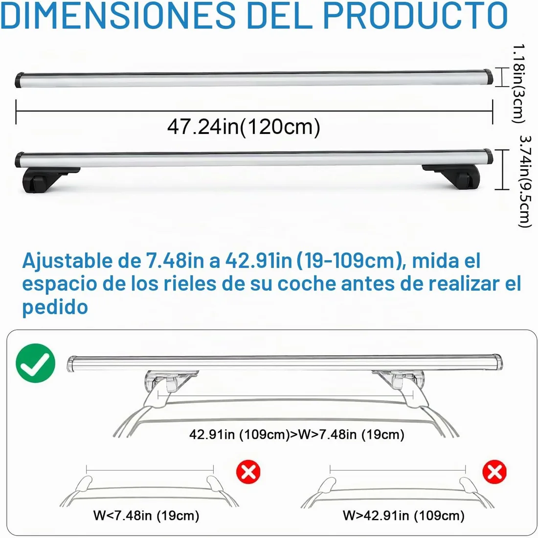47,2" Barras Transversales Ajustables, Capacidad Carga 100kg, Baca Coche Universal Aluminio con Dispositivos Antirrobo, Portaequipajes para SUV con Rieles Laterales Elevados foto 2