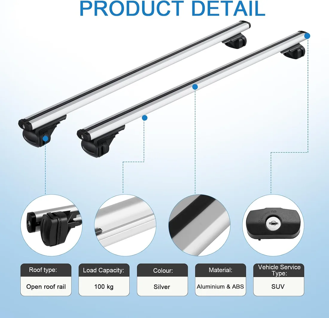 47,2" Barras Transversales Ajustables, Capacidad Carga 100kg, Baca Coche Universal Aluminio con Dispositivos Antirrobo, Portaequipajes para SUV con Rieles Laterales Elevados foto 3