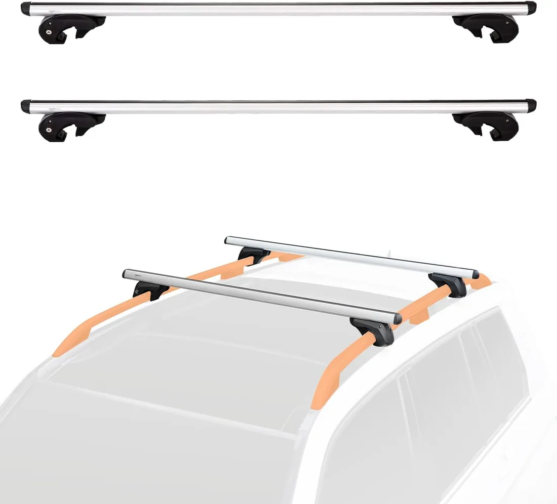 Amazon Basics portaequipajes de techo con riele cruzados 142 cm, se adapta a tramos de hasta 126 cm pulgadas entre rieles laterales elevados con espacio, paquete de 2, negro/plateado foto 2