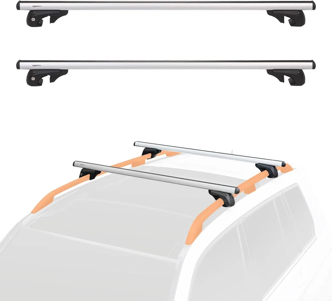 Amazon Basics portaequipajes de techo con rieles cruzados, 52 pulgadas, se adapta a tramos de hasta 46 pulgadas entre rieles laterales elevados con espacio, paquete de 2, negro/plateado foto 3
