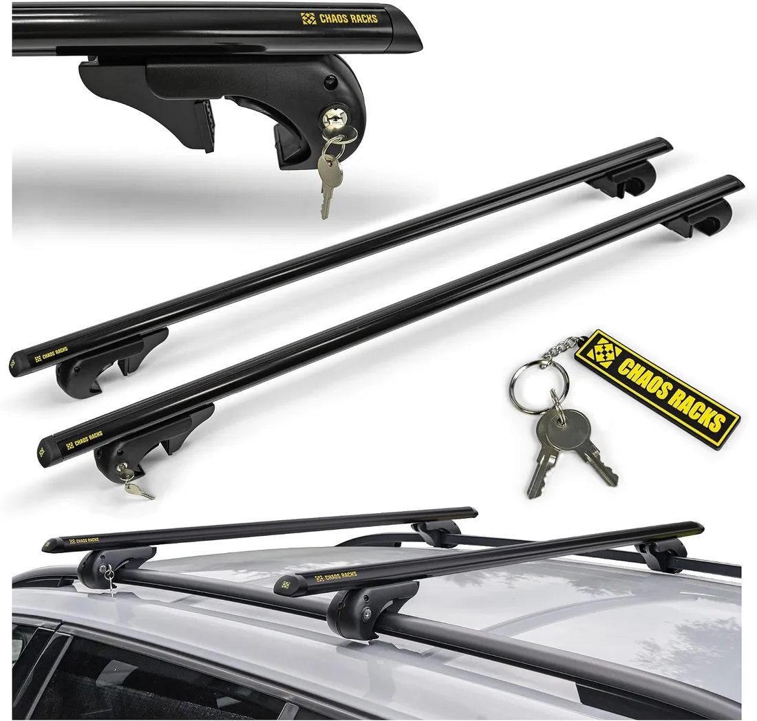 Chaos Racks | Baca Coche Universal para Raíles Abiertos; Barras de Techo; Transporta de Forma Segura Cofre de Techo, Portabicicletas y Escalera; Construcción de Aluminio Ligera y Resistente; 120 cm