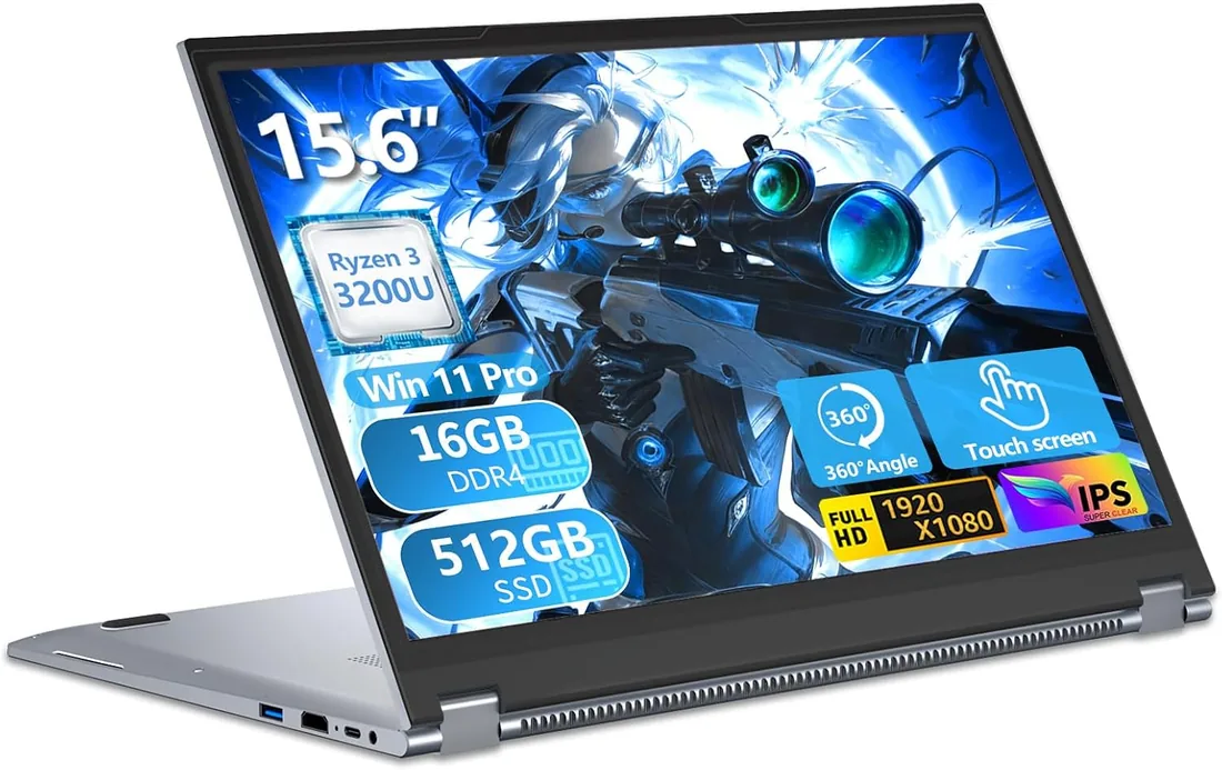 15,6 Pulgadas 2 en 1 Ordenador Portátil con Pantalla Táctil Ryzen R3-3200U Procesador, PC Portátil WIN 11 16GB DDR4 RAM 512GB SSD 360° Pantalla Táctil, Laptop FHD IPS Teclado Retroiluminado HDMI RJ45