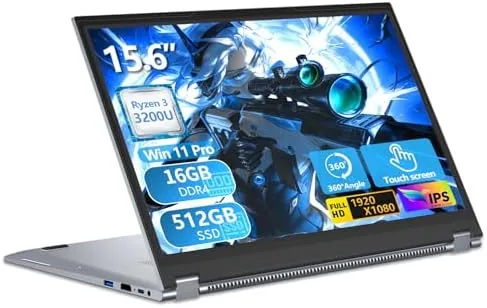15,6 Pulgadas 2 en 1 Ordenador Portátil con Pantalla Táctil Ryzen R3-3200U Procesador, PC Portátil WIN 11 16GB DDR4 RAM 512GB SSD 360° Pantalla Táctil, Laptop FHD IPS Teclado Retroiluminado HDMI RJ45 foto 2