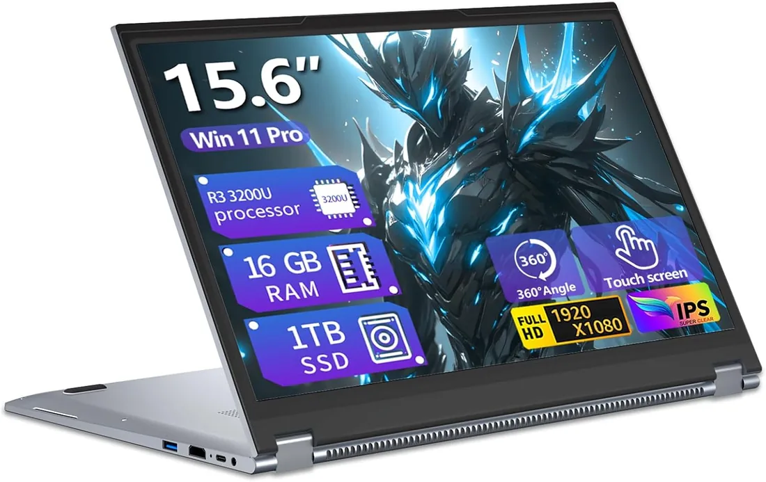 15,6 Pulgadas Ordenador Portátil 2 en 1 Pantalla Táctil, Win 11 PC Portátil con Ryzen 3 3200U procesador, Laptop 16GB RAM 1TB SSD, Computadora Portátil 360° Pantalla Táctil 1080P FHD IPS Type-C RJ45