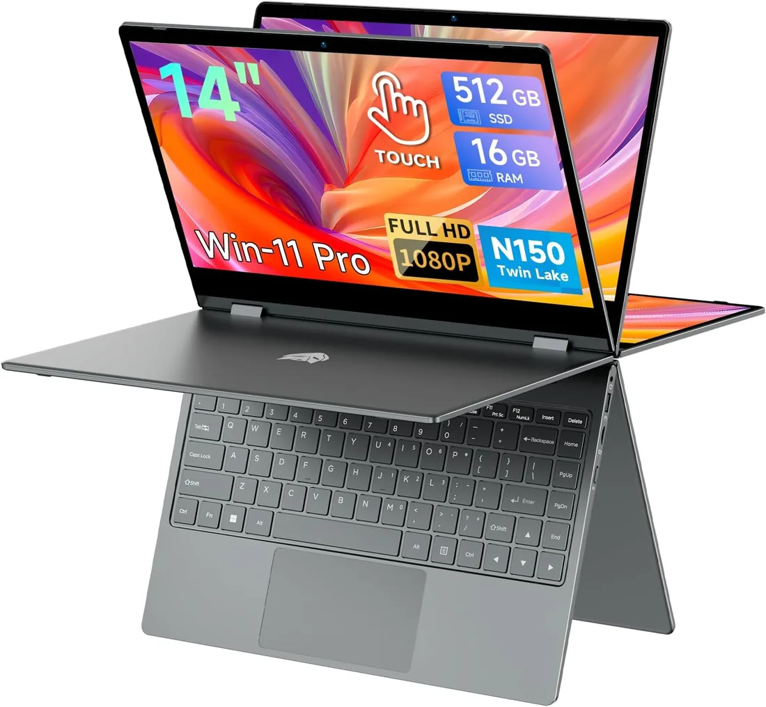BMAX Ordenador Portátil Intel N150 (hasta 3,6 GHz) Pantalla Táctil 14 Pulgadas Laptop 16GB RAM 512GB SSD Win 11 PC Portatil Teclado Retroiluminado BT5.0, Tipo C, USB 3.2 Protege el Teclado Español