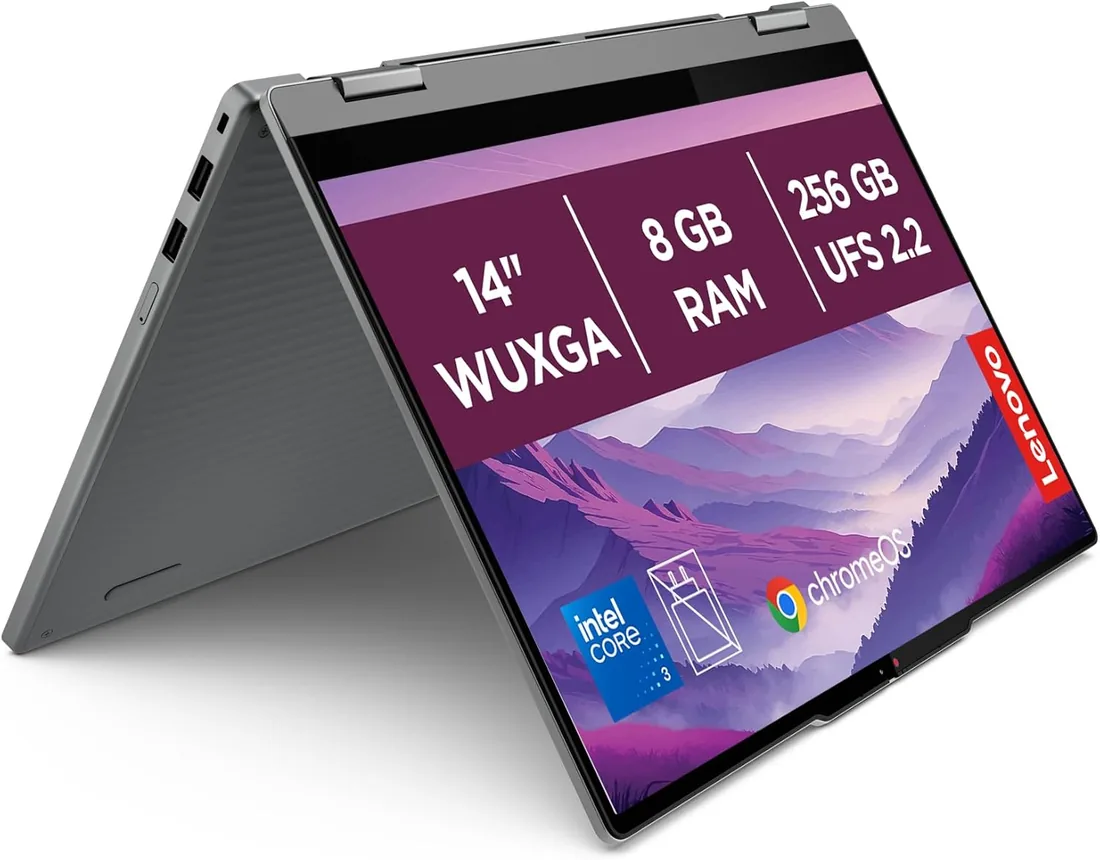 Lenovo Chromebook Plus 2-in-1 Gen10 - Portátil Táctil 14" WUXGA (Intel Core 3 N355, 8GB RAM, 256GB UFS, ChromeOS) QWERTY Gris +1 año de Google AI Pro con Gemini Pro y 5TB de Almacenamiento