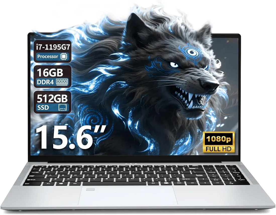 15.6" Ordenador Portátil Core i7-1195G7, Win 11 PC Portátil 16GB RAM 512GB SSD, Gaming Portátil Desbloqueo de Huellas Dactilares, Laptop IPS Pantall, Iris Xe Graphics GPU, Type C/RJ45