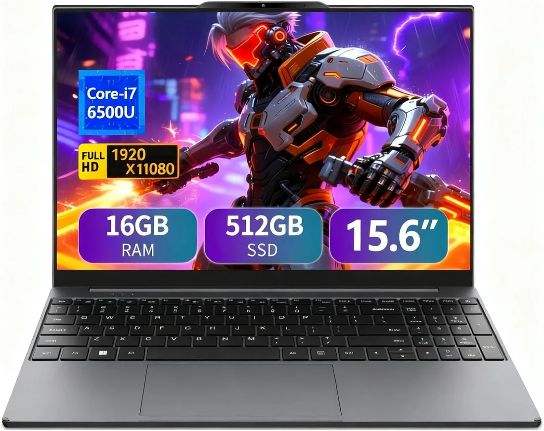 15,6 Pulgadas Ordenador Portátil Core i7-6500U CPU,16GB RAM 512GB SSD, Gaming PC Portatil IPS Pantall, Win 11 Portátil Teclado Retroiluminado,Laptop Type-C/WiFi 5/USB 3.0/Mini HDMI/TF/5000mAh