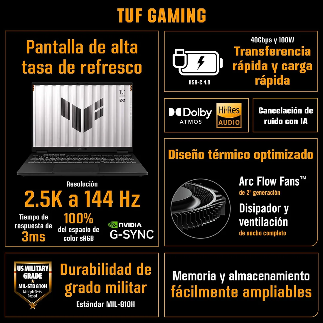 ASUS TUF Gaming A18 FA808UP-S8113 - Ordenador Portátil Gaming de 18" WUXGA 144Hz (AMD Ryzen 7 260, 16GB RAM, 1TB SSD, NVIDIA RTX 5070 8GB, Sin Sistema Operativo) Gris Jager - Teclado QWERTY español foto 2