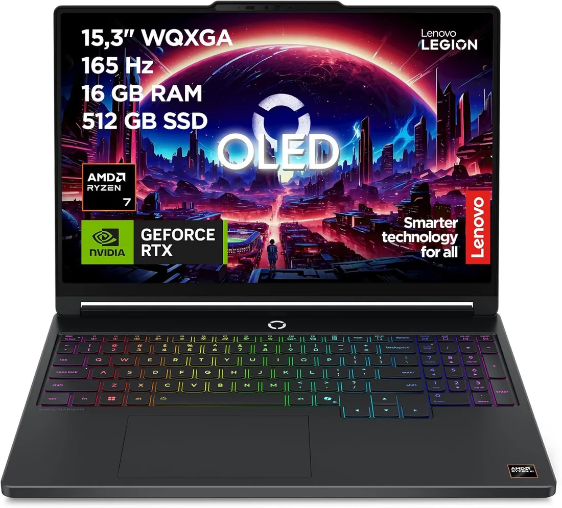 Lenovo Legion 5 Gen 11 - Portátil Gaming IA 15.3" OLED (AMD Ryzen 7 250, NVIDIA GeForce RTX 5050, 165Hz, 16GB RAM, 512GB SSD, Wi-Fi7, Sin Sistema Operativo) QWERTY Retroiluminación RGB, Español-Negro