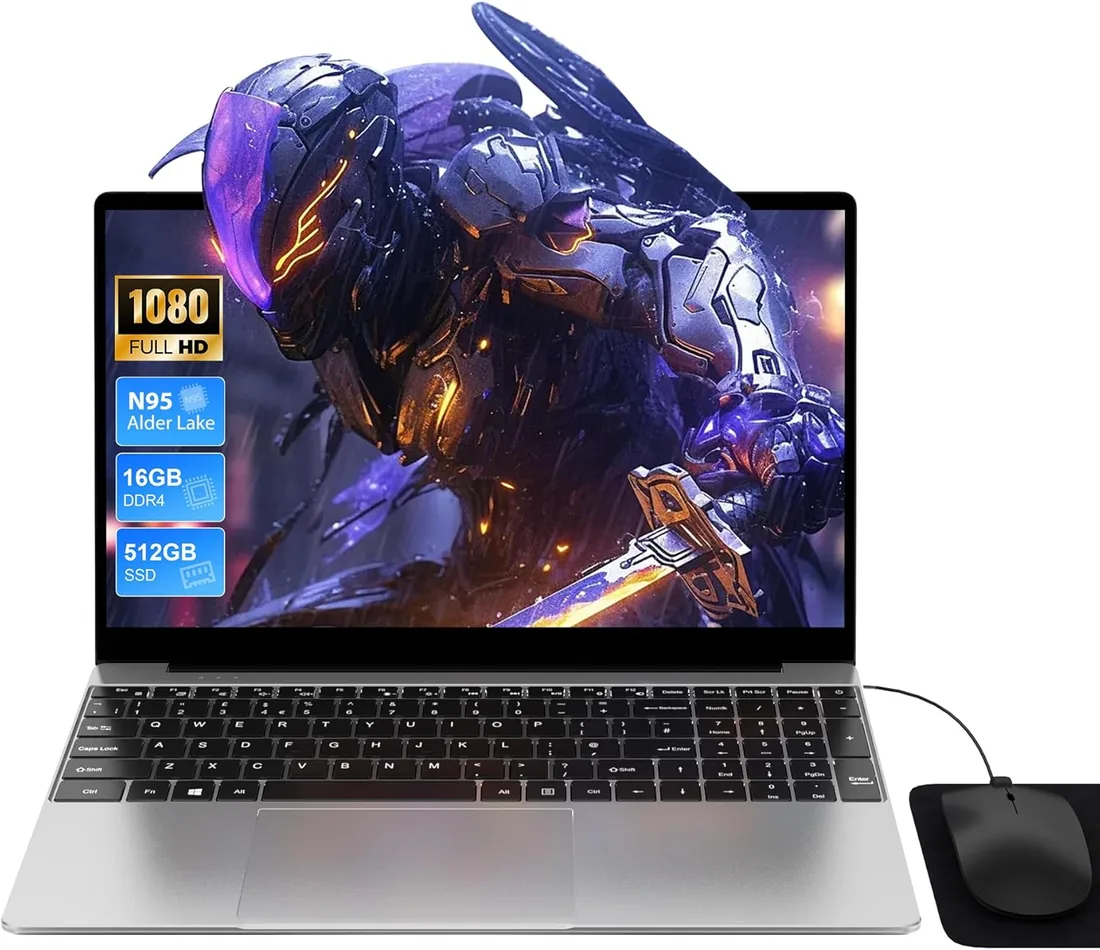 Portátil 15,6'', 16GB RAM+512GB SSD, N95 Hasta 3,4 GHz, Teclado Iluminado/Teclad Numérico, Win11 PC Portatil, 5GWiFi, Carga tipo C, Ordenador Portátil para Trabajo en oficina, Estudios y Uso Doméstico