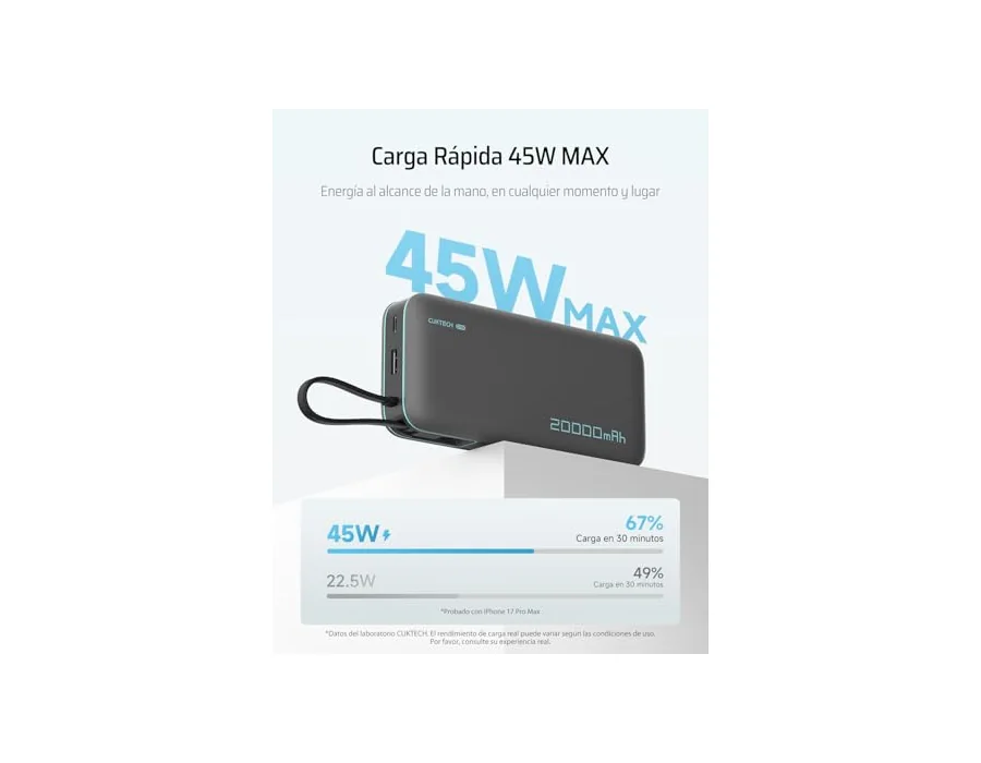 CUKTECH CP25 Power Bank 20.000mAh, Batería Portátil con Cable USB-C Integrado, PD 45W powerbank con 1 x USB-A, Batería Externa Carga Rápida Compatible iPhone 17 Pro MAX, Galaxy, Xi foto 3