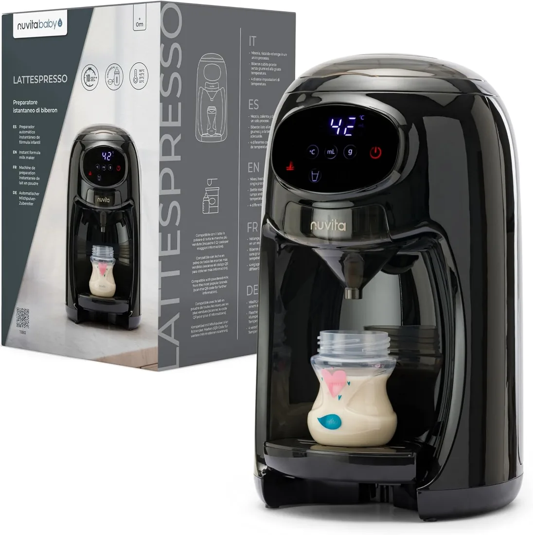 Nuvita 1180 Lattespresso - Preparador instantáneo de leche en polvo, dosificación precisa, calentamiento y mezcla, 4 temperaturas seleccionables, compatible con la mayoría de marcas de leche en polvo