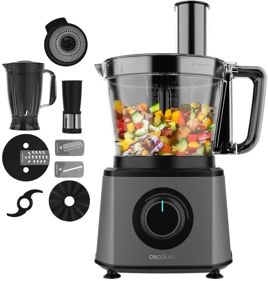 Cecotec Procesador de alimentos Paprika 1300 Full, 2000W de Potencia, Acero Inoxidable, 2 Velocidades, 3 Discos de corte, Incluye Bowl 3,5 L, Jarra 1,8 y Exprimidor
