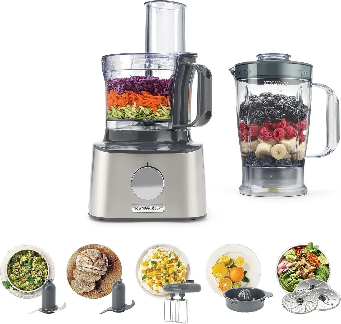 Kenwood MultiPro Compact - Procesador 800W Bol 2,1L y 9 Accesorios | Batidora 1,2l, Batidor Doble, Cuchilla, Gancho de Amasar, Exprimidor, 3 Discos de Corte, Espátula, Plata, FDM301SS