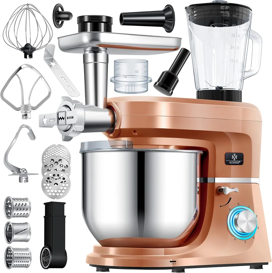 KESSER® Procesador de alimentos universal 3 en 1 K-KM 3000 con amasadora multifuncional tazón Fleischwolf de 5,5 l, llaves con 3 utensilios para mezclar, exprimidor de 1,5 l, cobre