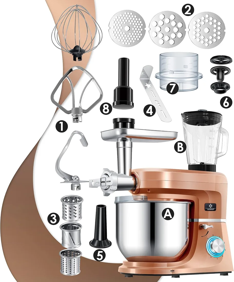 KESSER® Procesador de alimentos universal 3 en 1 K-KM 3000 con amasadora multifuncional tazón Fleischwolf de 5,5 l, llaves con 3 utensilios para mezclar, exprimidor de 1,5 l, cobre foto 2