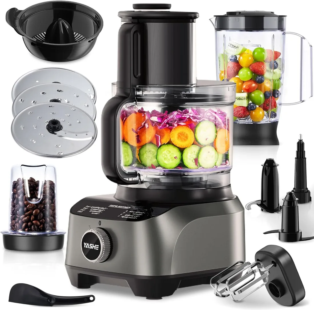 YASHE Procesador de Alimentos Multifuncional, 2,5L Bol & 1,5L Jarra, Batidora, Grinder, Exprimidor, Amasadora, Picadora, Cortadora & Ralladora, 3 Velocidades + Pulse, Bloqueo de Seguridad, 1300W