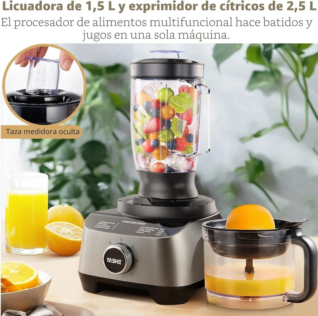 YASHE Procesador de Alimentos Multifuncional, 2,5L Bol & 1,5L Jarra, Batidora, Grinder, Exprimidor, Amasadora, Picadora, Cortadora & Ralladora, 3 Velocidades + Pulse, Bloqueo de Seguridad, 1300W foto 2