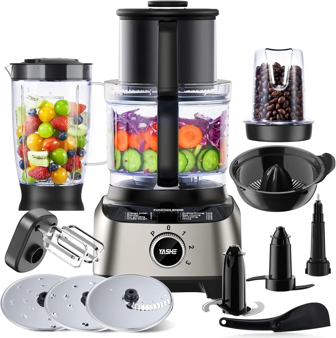 YASHE Procesador de Alimentos Multifuncional – Mezclador, Picadora, Exprimidor, Amasadora, Cortadora, Rebanadora y Ralladora, con Bol de 2,5L y Vaso Batidor de 1,5L, 3 Velocidades con Función Pulse