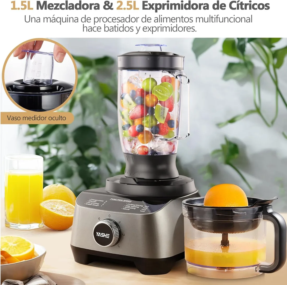 YASHE Procesador de Alimentos Multifuncional – Mezclador, Picadora, Exprimidor, Amasadora, Cortadora, Rebanadora y Ralladora, con Bol de 2,5L y Vaso Batidor de 1,5L, 3 Velocidades con Función Pulse foto 2