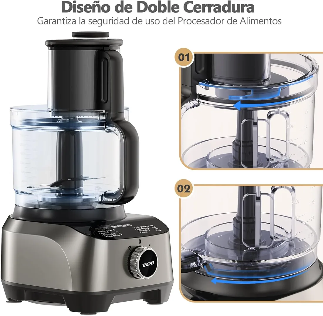 YASHE Procesador de Alimentos Multifuncional – Mezclador, Picadora, Exprimidor, Amasadora, Cortadora, Rebanadora y Ralladora, con Bol de 2,5L y Vaso Batidor de 1,5L, 3 Velocidades con Función Pulse foto 3