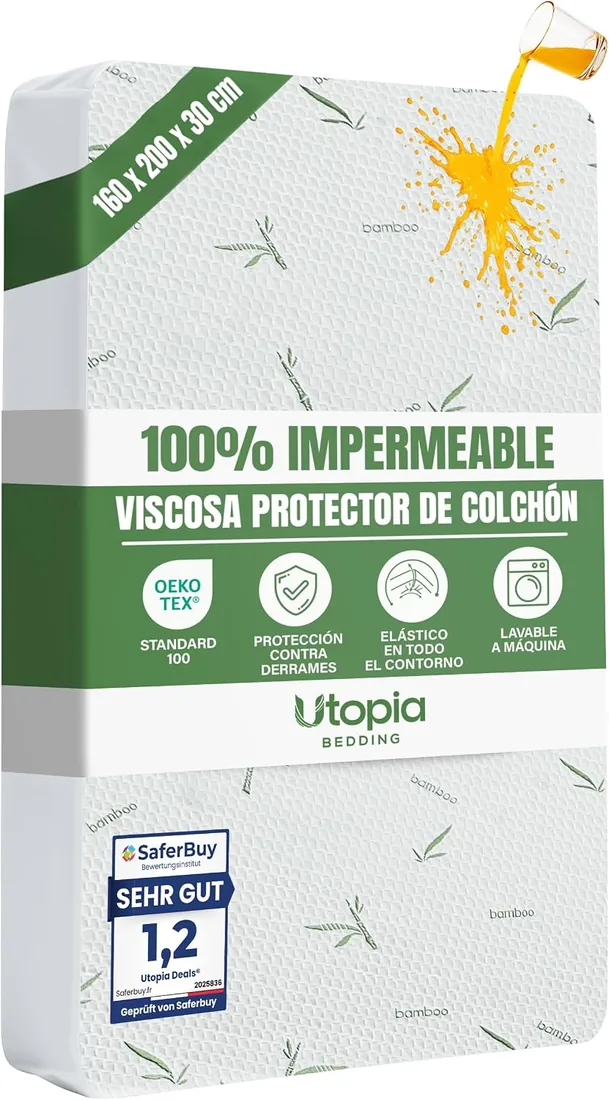 Protector de Colchón Impermeable Viscosa 160 x 200 x 30 cm Ajustable | Protector de Colchón Impermeable con Elástico en Todo el Contorno, Calidad Hotelera, Certificado Oeko-Tex – Utopia Bedding