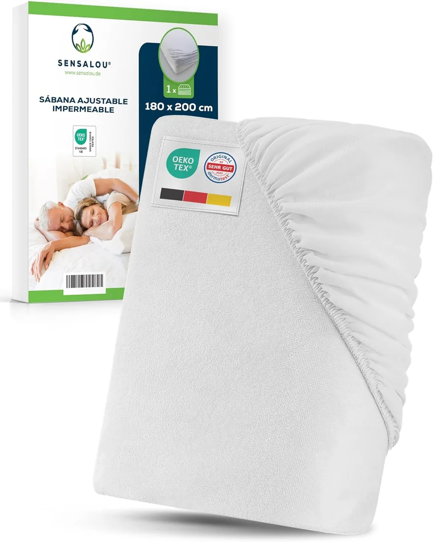Sensalou Protector de Colchón Impermeable 180x200 cm - Sábana Bajera de | Funda para cama King transpirable y antialérgica, ajustable para colchones de 25 cm, lavable a 95 °C e ideal para alergias