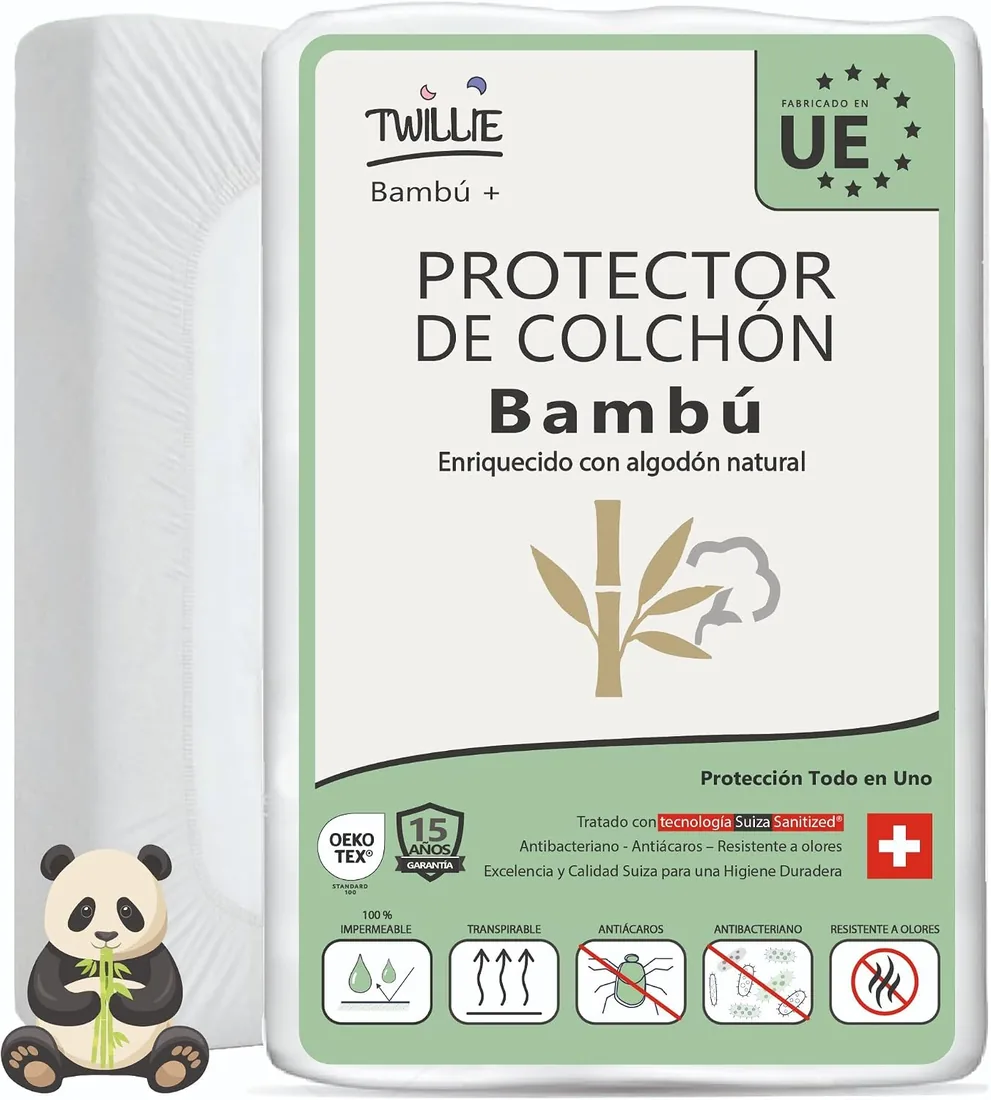 Twillie Protector de Colchón 150 x 190 Bambú Impermeable y Transpirable – Algodón Natural, Tratamiento Suizo Sanitized® Antiácaros Antibacteriano Antiolor – Hecho en UE