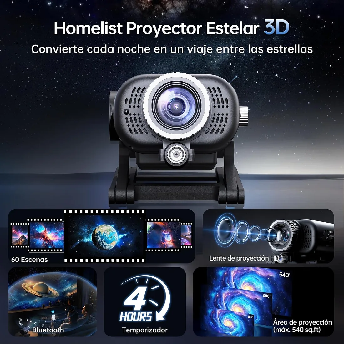 Homelist Proyector LED de cielo estrellado, Proyector Estrellado | Luz Nocturna con Altavoz Bluetooth y Ruido Blanco, 60 Efectos de Luz, Ayuda a Dormir para Bebés y Adultos foto 2
