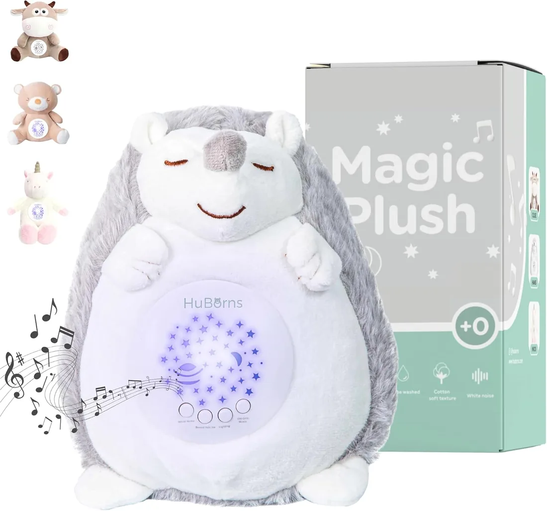 HuBorns - Peluche con Ruido Blanco Bebé | 15 Melodías Relajantes, Luz Nocturna, Proyector de Estrellas, Ayuda para Dormir Bebés, Regalo Recién Nacidos