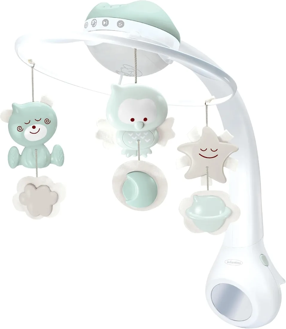 Infantino Proyector Musical Móvil 3-en-1 Convertible, Luz Nocturna y Proyector Infantil para Cuna, Modo Despertador para Simular la Luz del Día, 6 Melodías & 4 Sonidos de la Naturaleza, Salvia