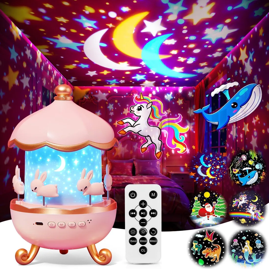 Juguete Niña Regalo Educativo Proyector Estrellas Luz Nocturna 360° | 315 Modos, 15 Diapositivas Mágicas, 15 Canciones Relajantes, Recargable, Mando a Distancia y Temporizador para Dormir