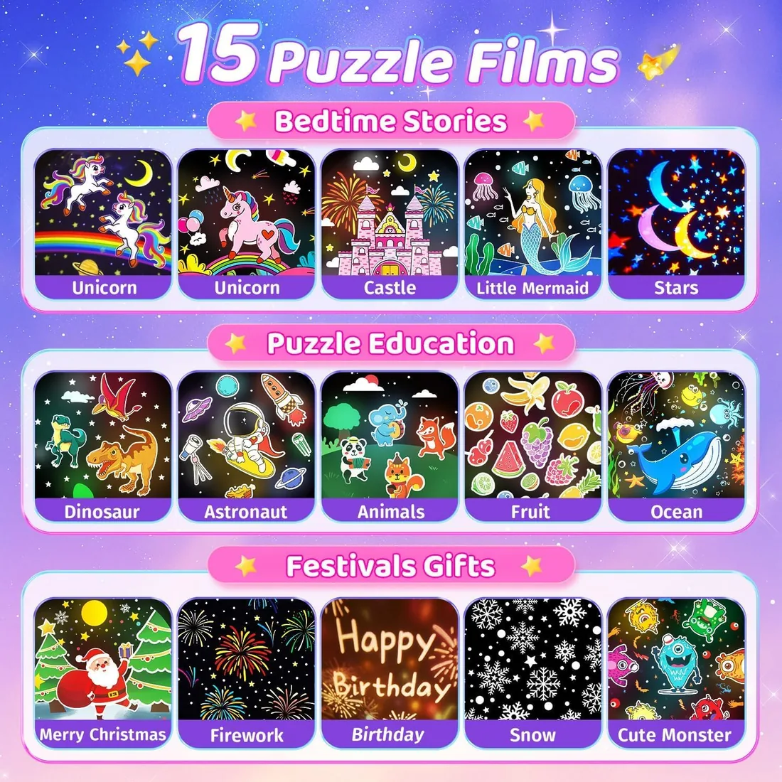 Juguete Niña Regalo Educativo Proyector Estrellas Luz Nocturna 360° | 315 Modos, 15 Diapositivas Mágicas, 15 Canciones Relajantes, Recargable, Mando a Distancia y Temporizador para Dormir foto 3