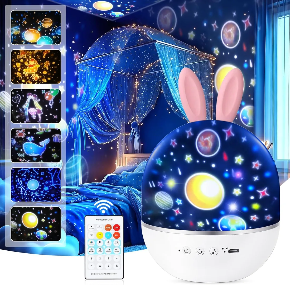 URAQT Lampara Infantil, Proyector de Luz Nocturna, Lindo Juguete Estrella Giratorio con Función de Mando a Distancia y 8 Música, Regalo para Niños y Bebés