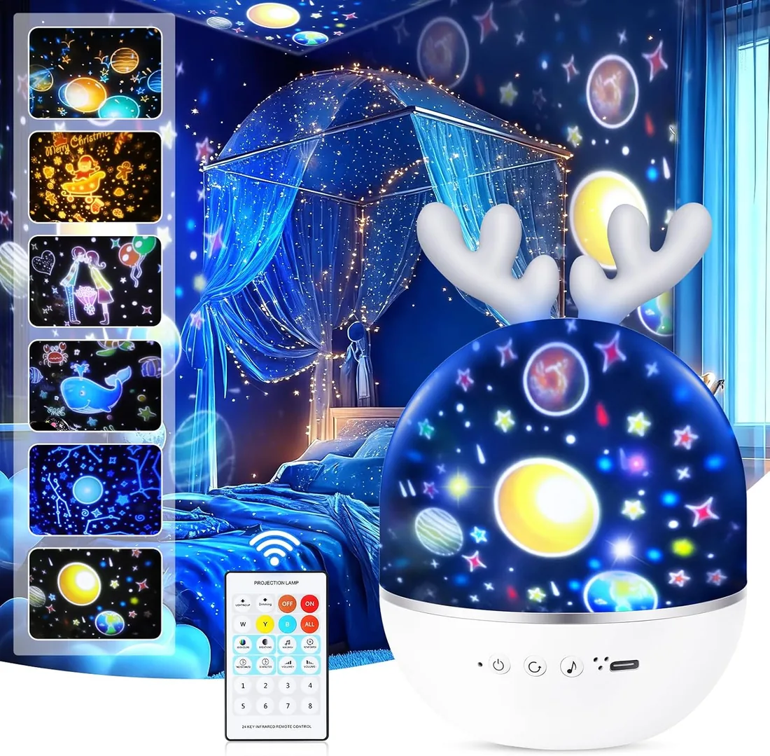 URAQT Lámpara Proyector Estrellas, Proyector Bebe, 360° Rotación Músic Lampara con Control Remoto, Romántica Luz de La Noche para Cumpleaños, Navidad, Halloween foto 2
