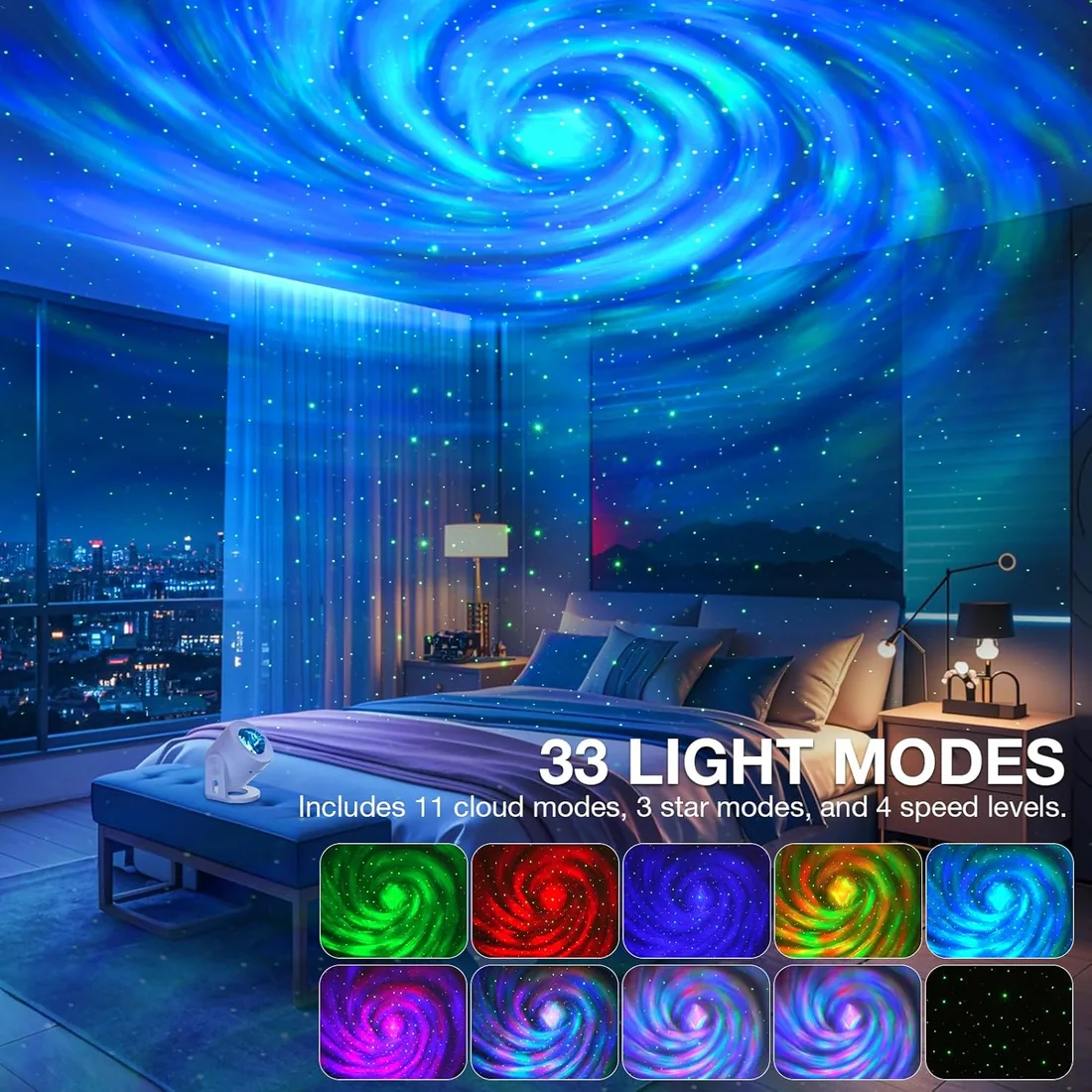 Feliigo Proyector de Cielo Estrellado LED, Galaxia 180° Ajustable con 33 Combinaciones, Música Bluetooth, Temporizador y Control Remoto foto 2
