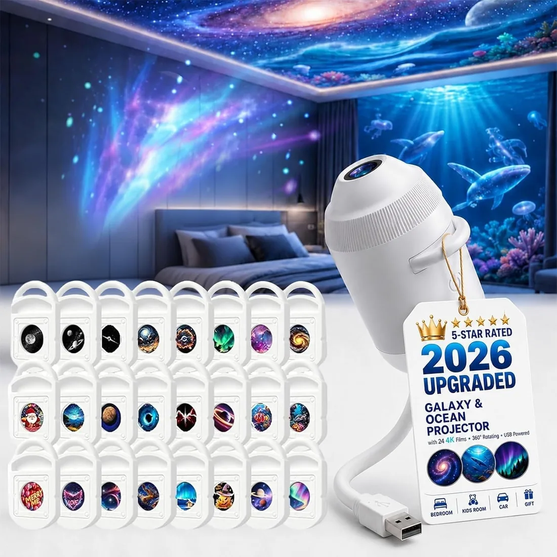 LMIX Proyector de Galaxia 2 en 1, Luz Nocturna Proyector Estrellas Usb de Cielo Estrellado Holográfico 360° 5D Galaxy Projector Night Light Lámpara de Espacio Led para Dormitorio, 24 Películas