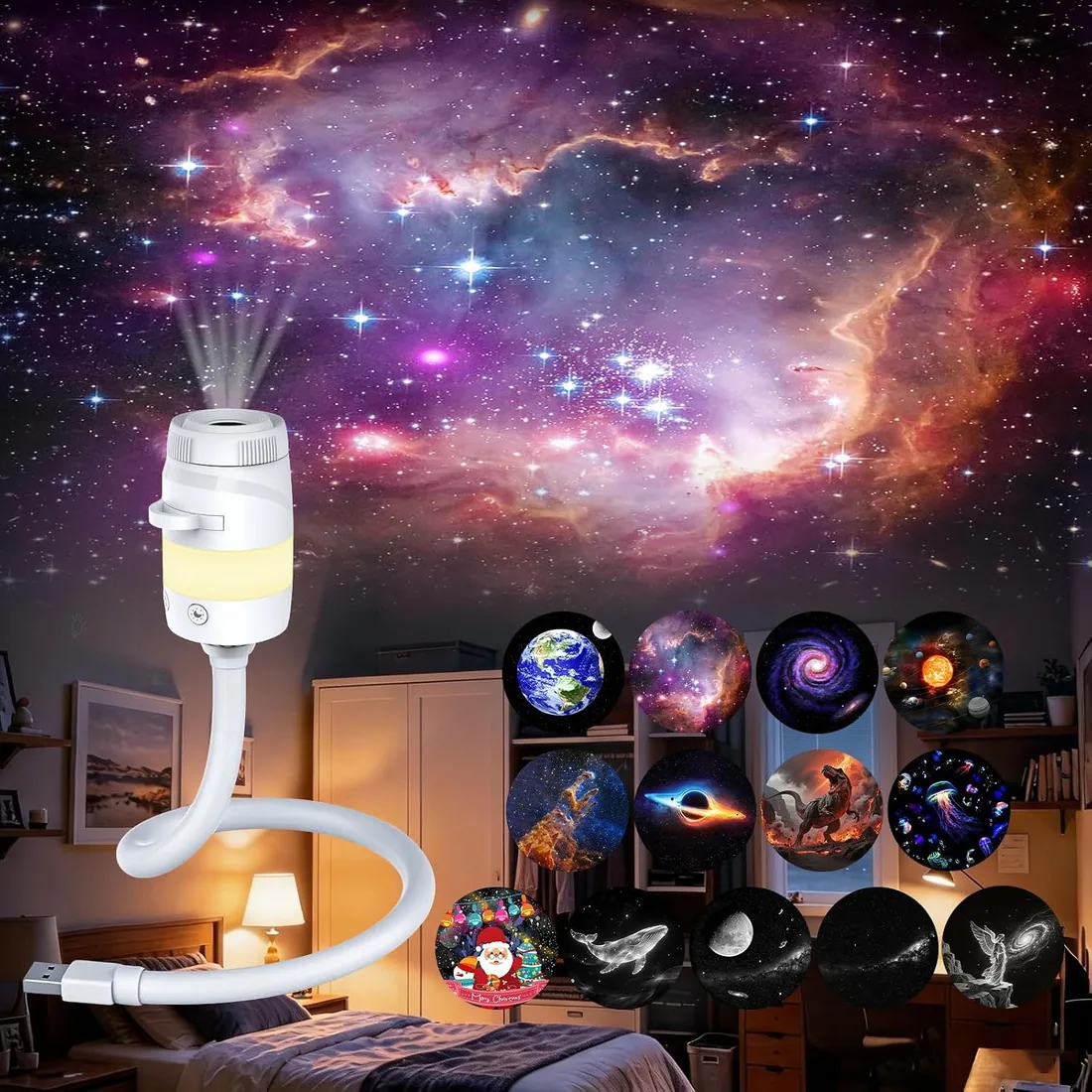 Proyector de Galaxias y Estrellas real,Plug-and-Play HD Star Projector Con 13 Discos, Alimentación USB, luz nocturna con degradado de colores, Proyector Techo Galaxia para Decoracion (Blanco)