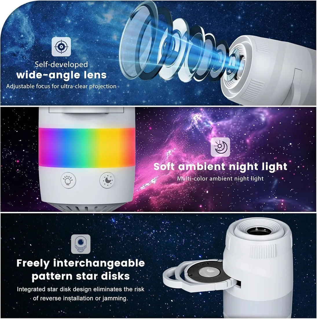 Proyector de Galaxias y Estrellas real,Plug-and-Play HD Star Projector Con 13 Discos, Alimentación USB, luz nocturna con degradado de colores, Proyector Techo Galaxia para Decoracion (Blanco) foto 3