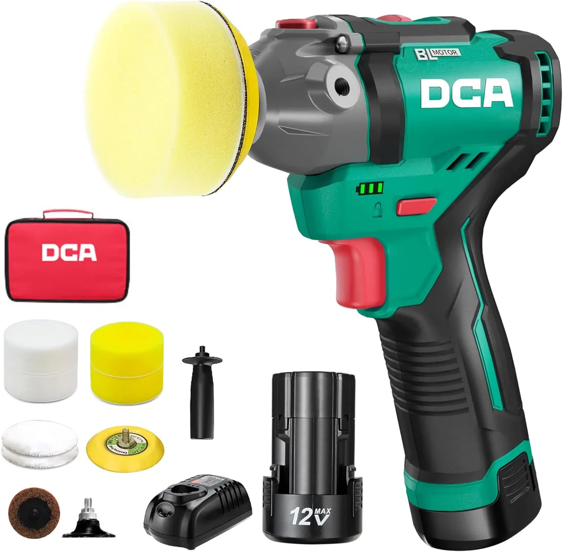 DCA Mini Pulidora Coche 12V, 75MM Pulidora Bateria y 50mm Lijadora, Pulidora Orbital, Máquina de Pulir sin Escobillas, 2 Baterías de 2,0Ah, 2 Velocidades 2800-8300 RPM para Pulir, Encerar y Limpiar foto 3