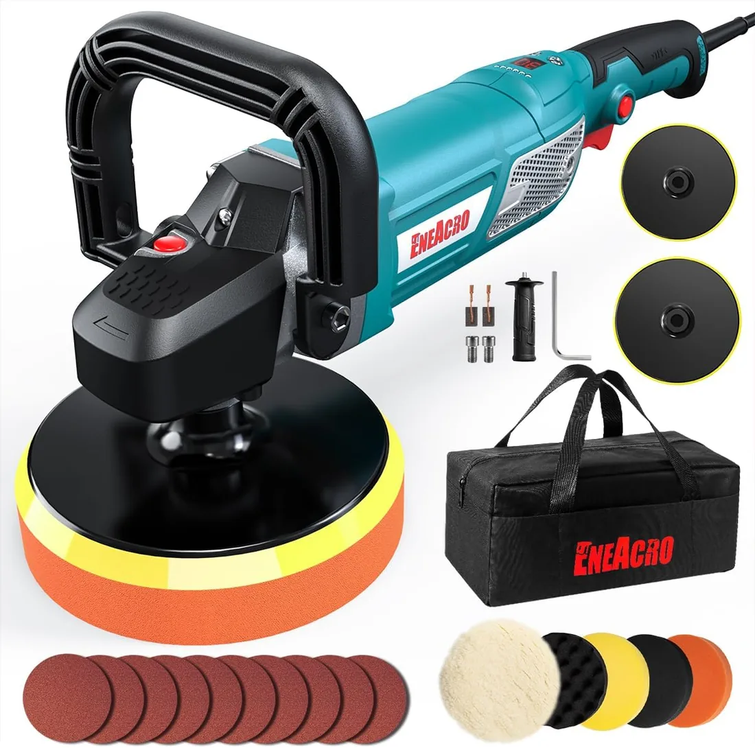 ENEACRO Pulidora Coche, 1800W Máquina Pulidora, Velocidad Variable con Pantalla LCD, Plato de Apoyo 150/180mm, Mangos Desmontables, Ideal para Lijar, Pulir y Encerar Barcos y Coches