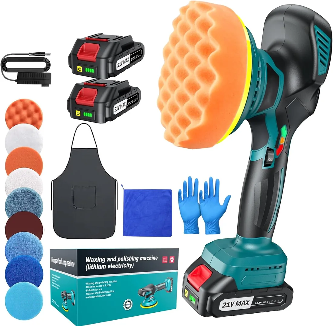 Pulidora Coche Inalámbrica 150 mm Orbital Doble Acción con 2×21V 2000mAh Baterías, Kit 13 Piezas, 6 Velocidades Ajustables 5500RPM, Pulidora Batería para Encerar, Eliminar Arañazos y Renovar Pintura foto 3