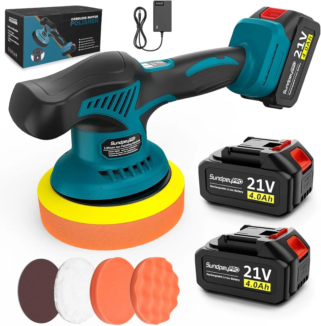 Pulidora Coche Inalambrica - 21V Pulidora Orbital Coche con 2 Baterías 4000mAh, 8 Velocidades Variables, 6000RPM, Pulidora Coche para Pulir, Encerar y Eliminar Arañazos del Coche
