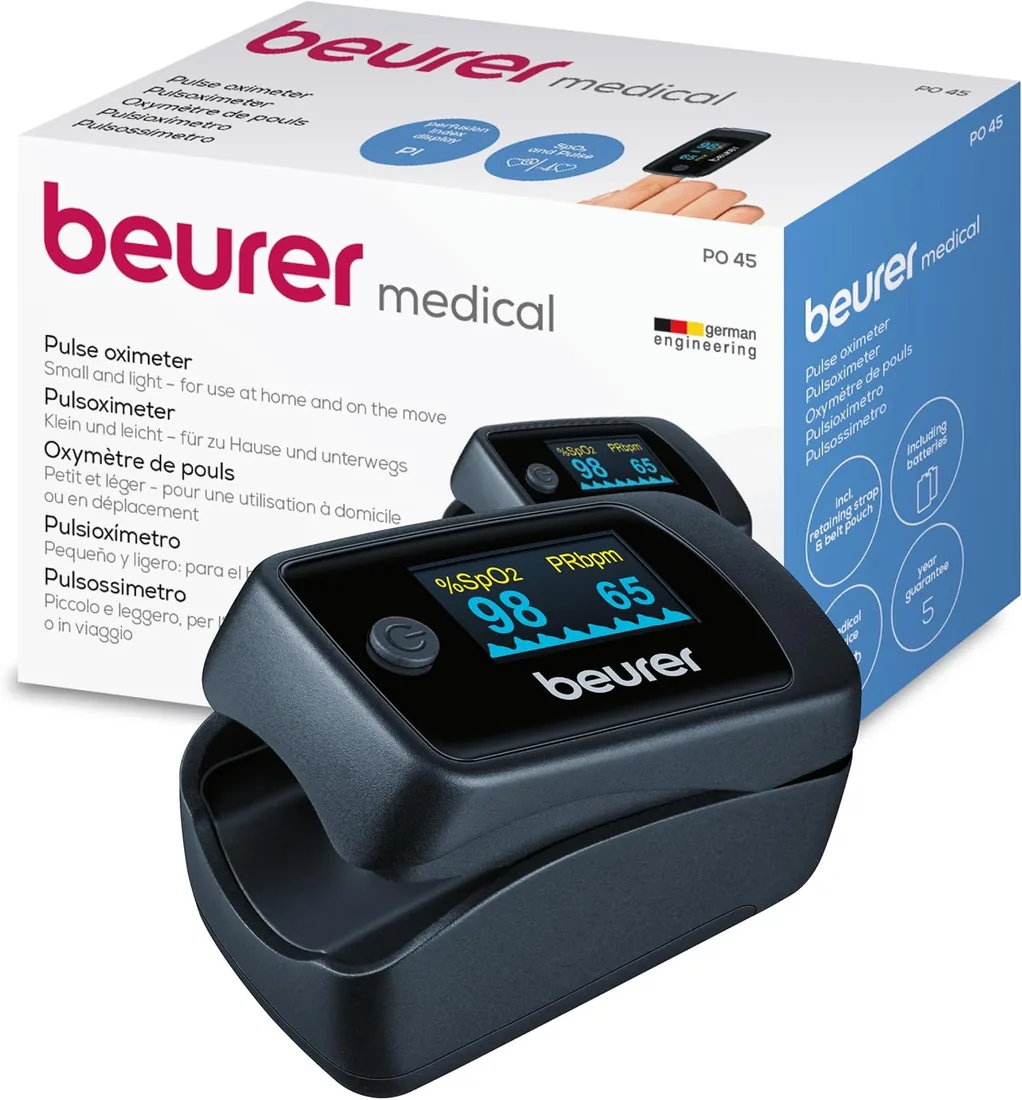Beurer PO 45 Pulsioxímetro, medición de la saturación de oxígeno (SpO2), la frecuencia cardíaca (pulso) y el índice de perfusión (PI), uso indoloro, pantalla en color foto 3