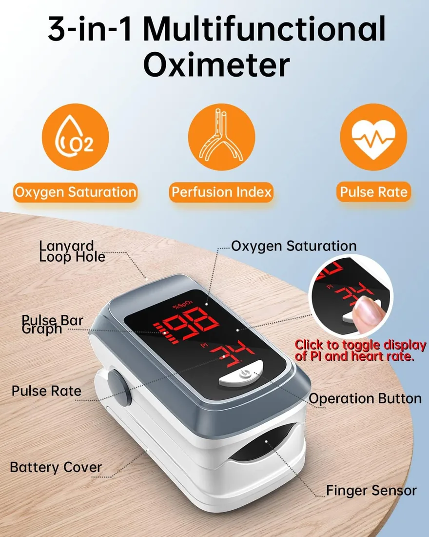 Pulsioxímetro de Dedo con Pantalla OLED Monitor de Saturación de Oxígeno en Sangre (SpO2) y Frecuencia Cardíaca con Indicador de Índice de Perfusión (PI), Lectura Rápida 8s, Pantalla Multidireccional foto 2