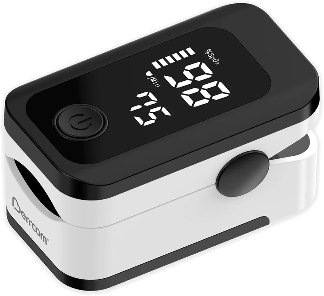 Pulsioximetro de Dedo Profesional Berrcom Oxímetro de pulso Medición precisa de la Saturación de Oxígeno en Sangre con función de alarma, Pantalla OLED para todos las personas con cordón y Pilas