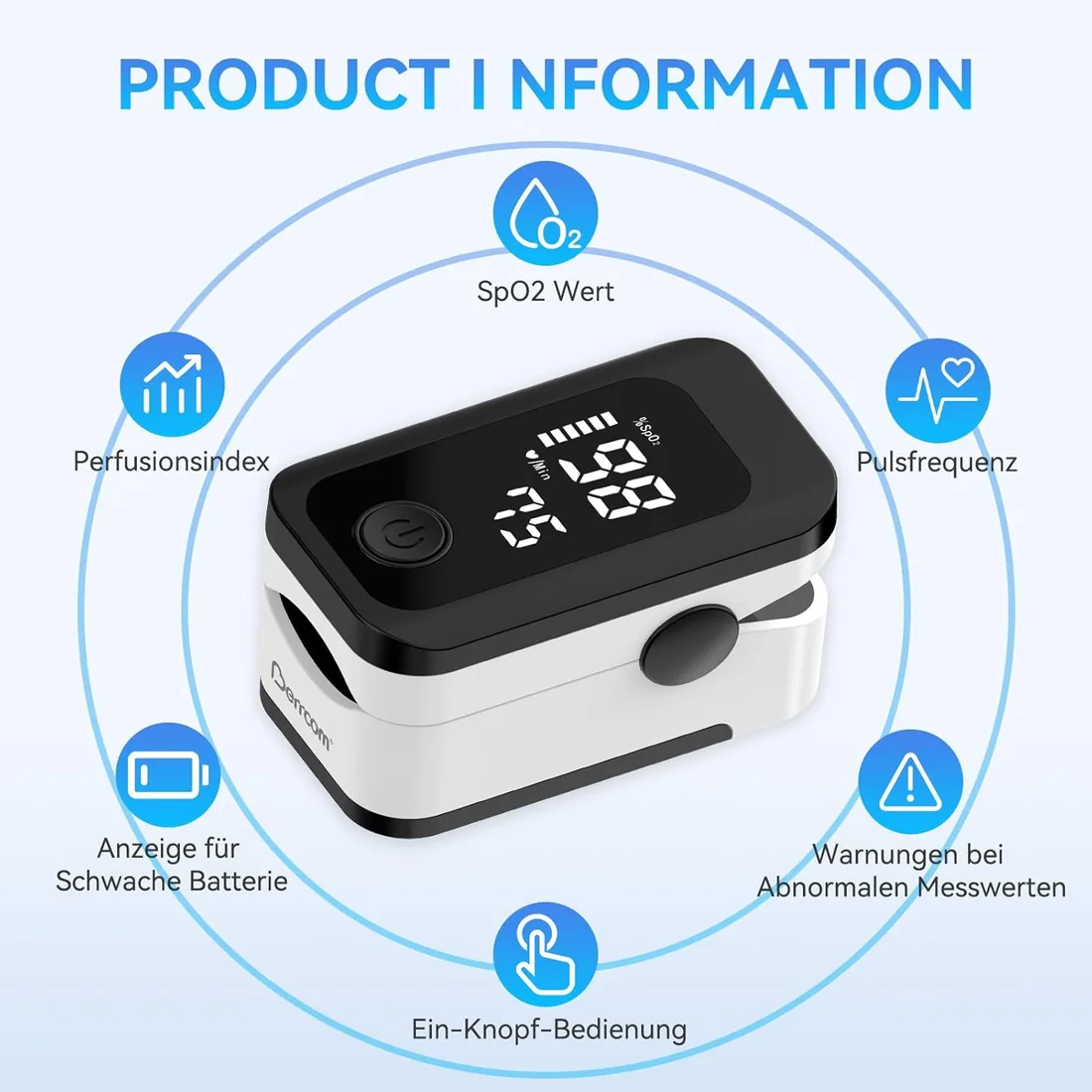 Pulsioximetro de Dedo Profesional Berrcom Oxímetro de pulso Medición precisa de la Saturación de Oxígeno en Sangre con función de alarma, Pantalla OLED para todos las personas con cordón y Pilas foto 2