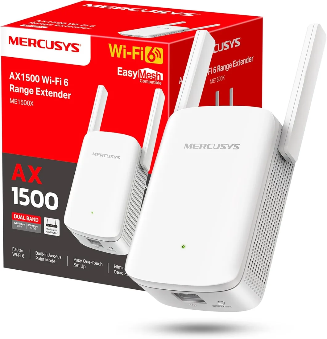 Mercusys ME1500X - Repetidor WiFi 6 AX1500 de Doble Banda, 1 Puerto Gigabit | Amplificador de Señal WiFi. Botón WPS para Configuración Fácil. 2 Antenas Ajustables. Modo Punto de Acceso. App MERCUSYS
